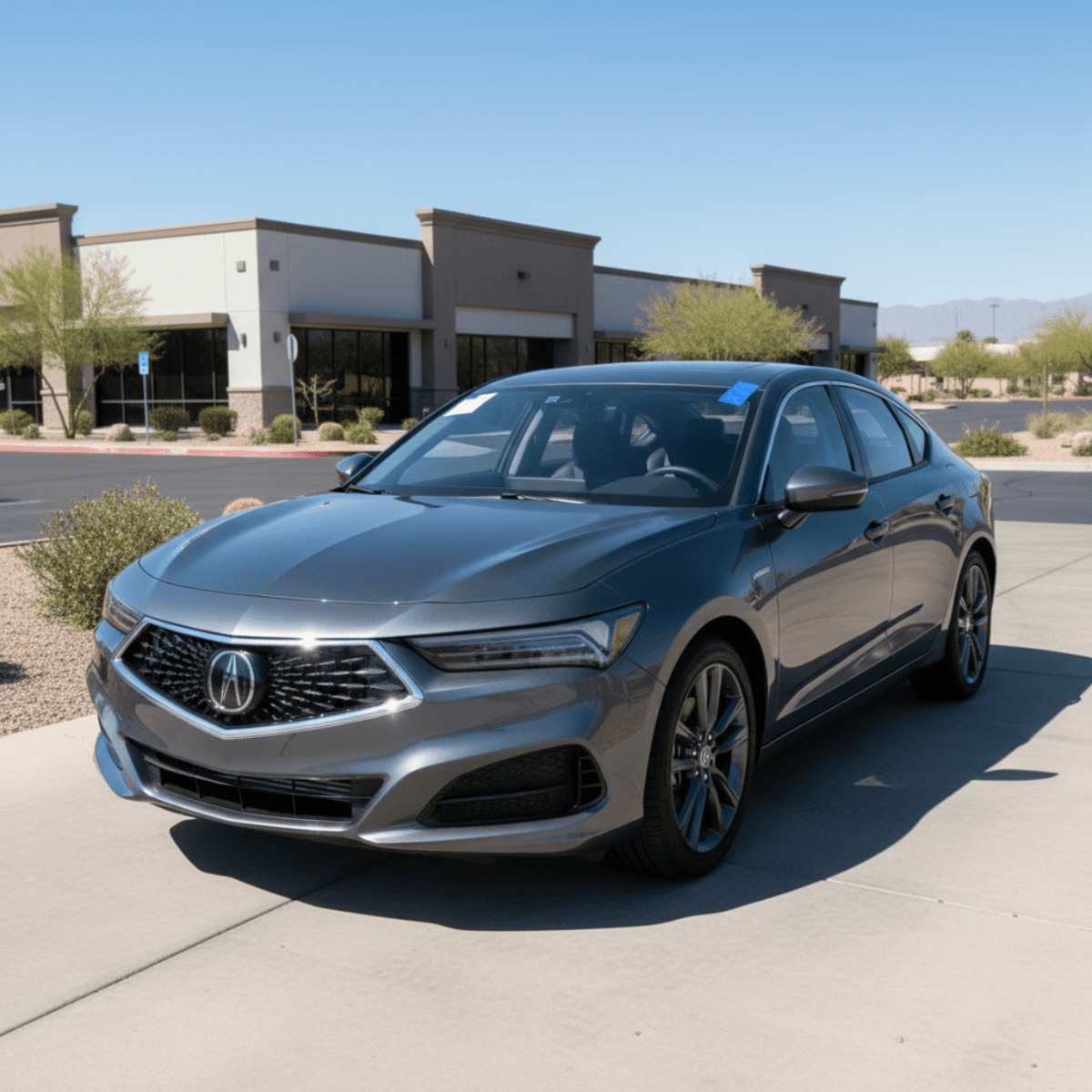 Gray Acura MDX with a seamlessly replaced windshield in a Peoria, Arizona commercial parking lot