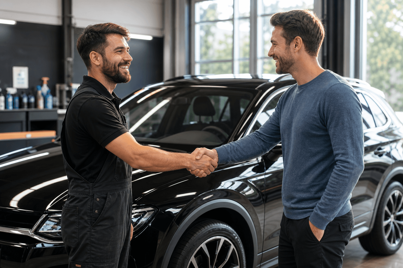 Detailer shaking hands with a returning customer next to a freshly detailed car