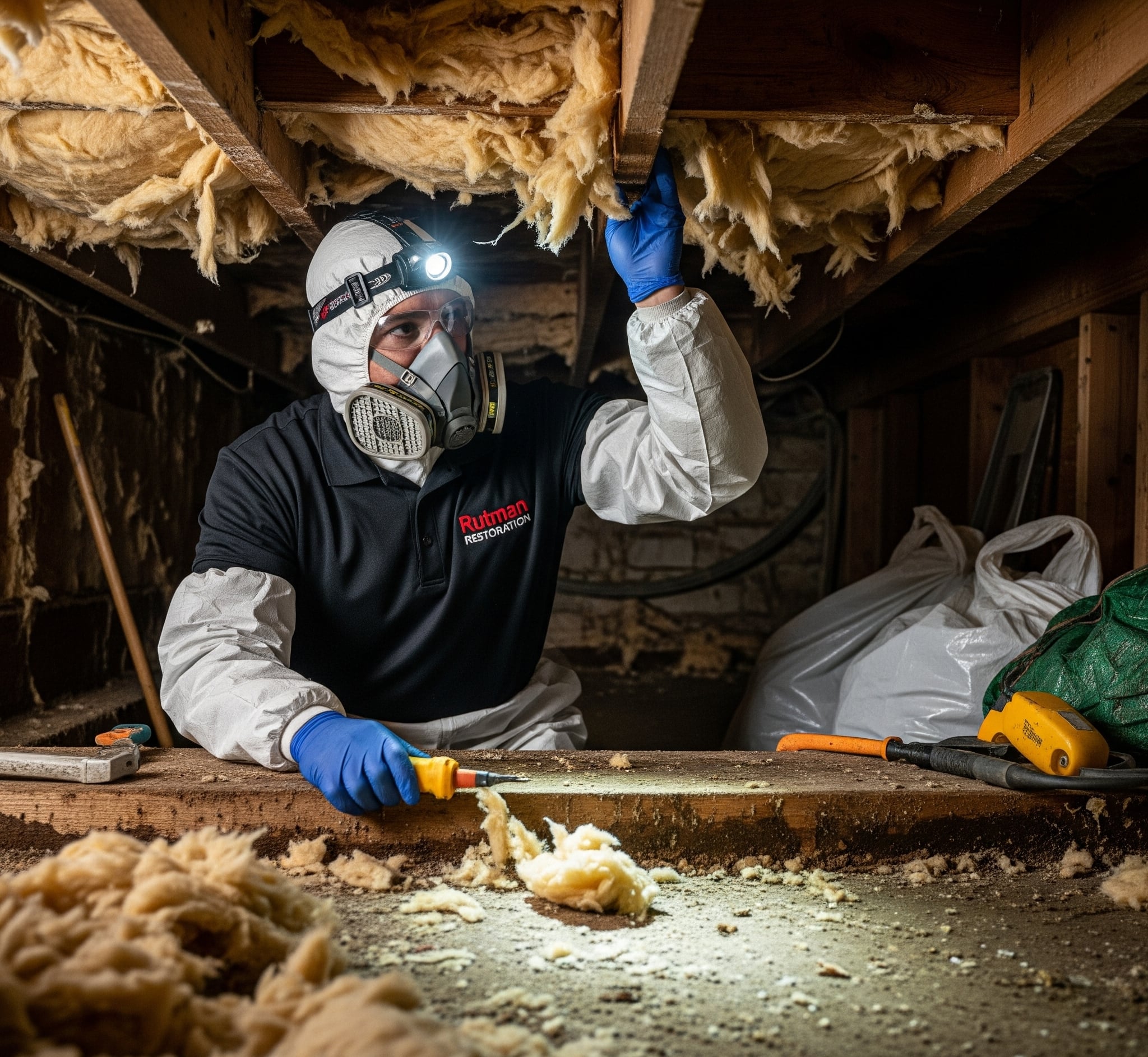 Technician removing damaged insulation in a crawlspace restoration project