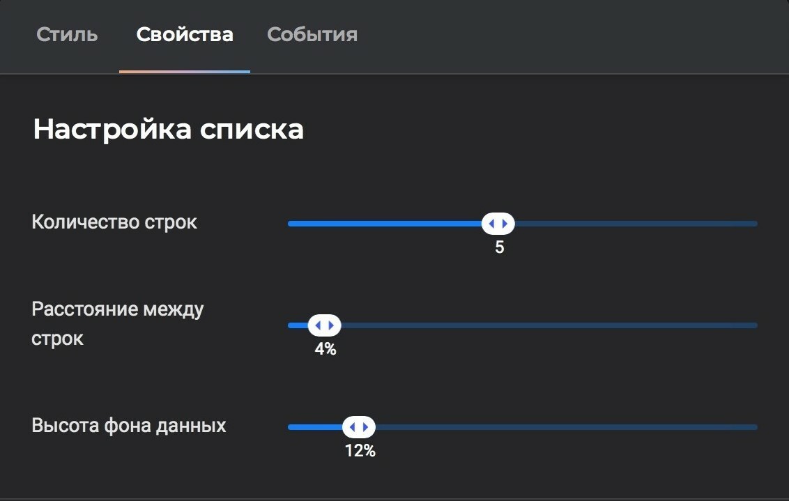 На вкладкеСвойстванастройте список: количество строк, расстояние между ними и высоту фона