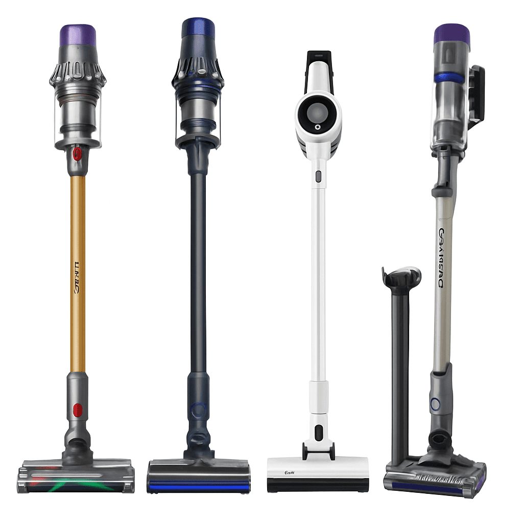 Four cordless stick vacuums displayed side by side on a clean white background, showcasing modern lightweight designs for home cleaning.