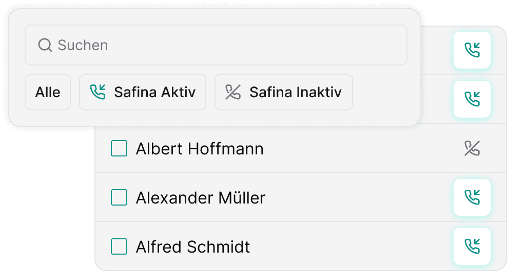 Safina AI Kontaktliste: Filterbares Verzeichnis mit Suchleiste und drei Auswahlmöglichkeiten ('Alle', 'Safina Aktiv', 'Safina Inaktiv'). Darunter alphabetisch sortierte Kontakte beginnend mit 'A': Albert Hoffmann (Safina inaktiv), Alexander Müller und Alfred Schmidt (beide Safina aktiv), jeweils mit Auswahlbox und Telefon-Icon zur Anzeige des Safina-Status.