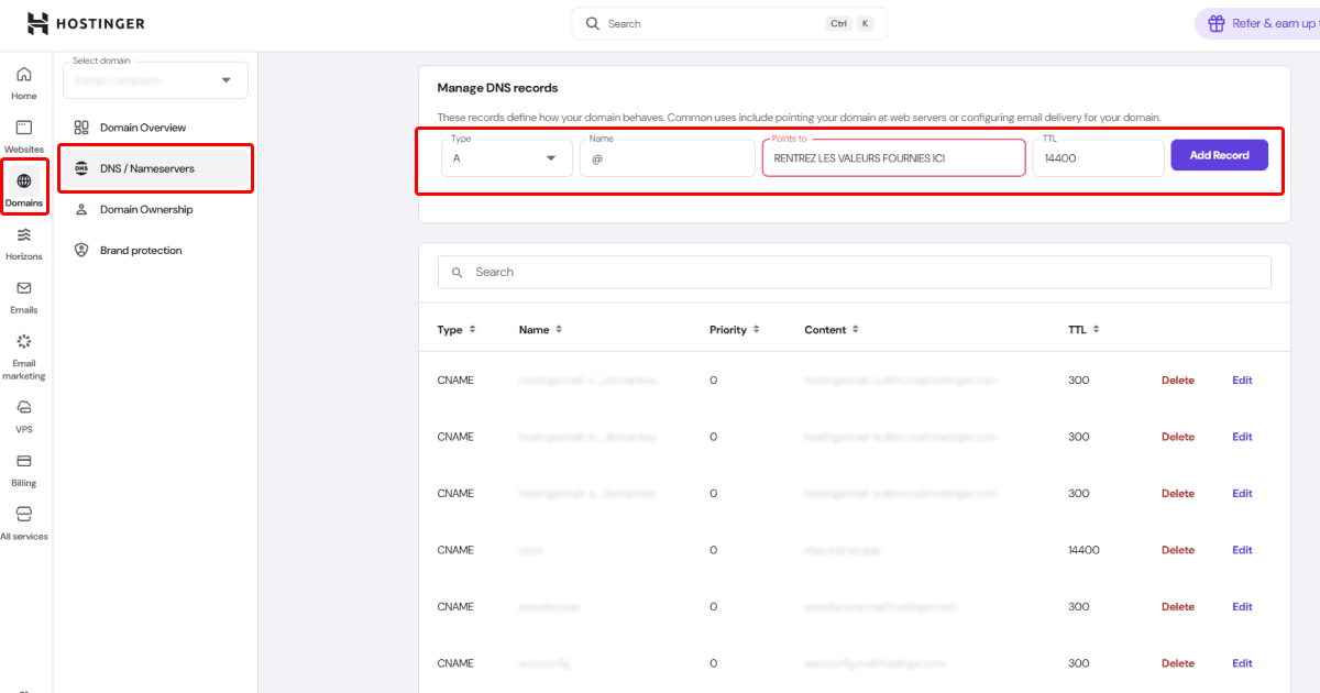 Configuration des enregistrements DNS pour connecter un domaine à un site Framer