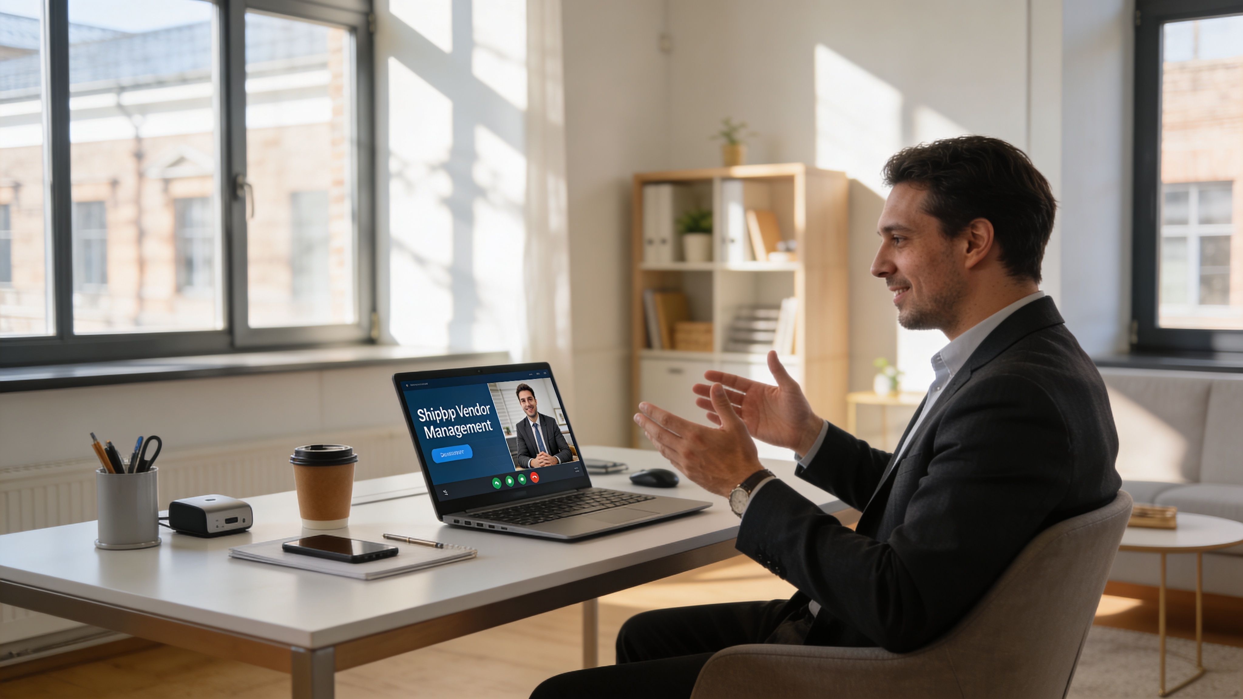 A professional man in a suit video conferencing on his laptop while working at an office desk.