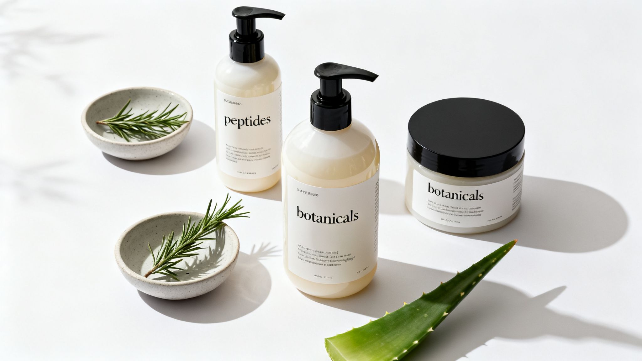 Three natural beauty products (shampoo, conditioner, cream) with rosemary and aloe vera on a white background.