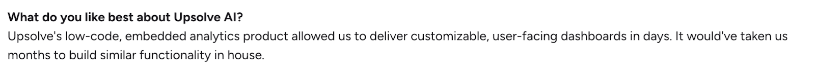 User review describing Upsolve AI low-code embedded analytics and fast dashboard delivery