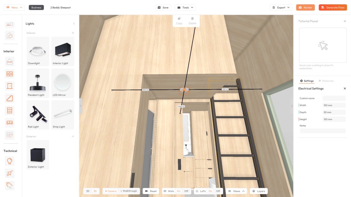 Lighting in the 3d tiny house designer