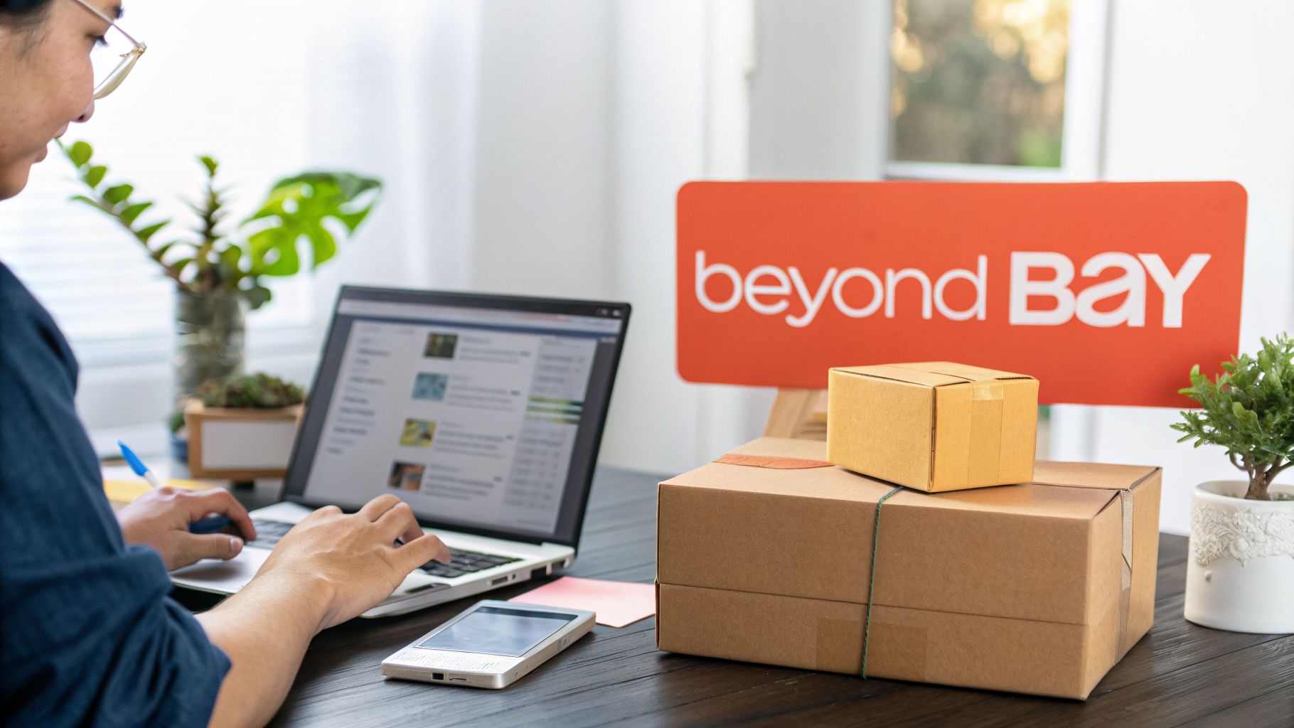 E-commerce seller managing orders on a laptop, with stacked cardboard boxes and a 