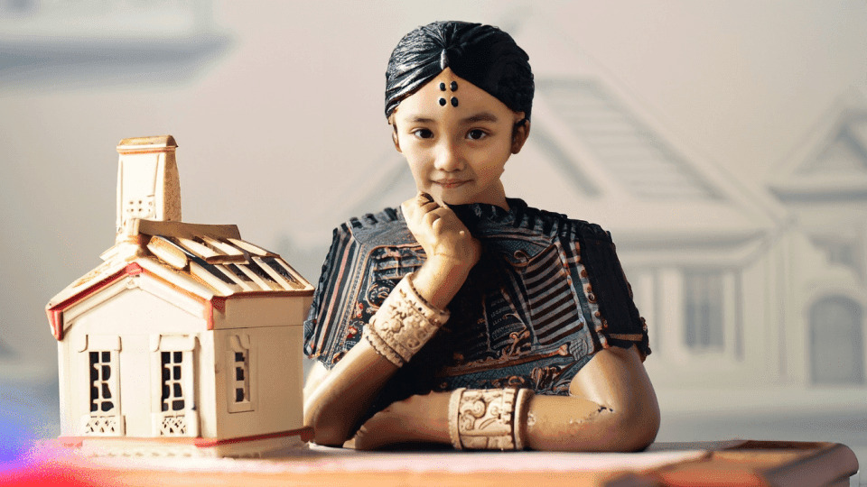 a girl looking at a modern house