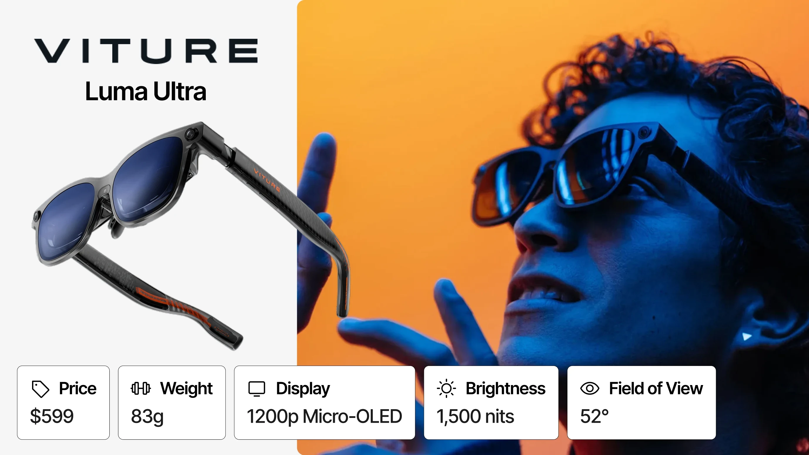 VITURE Luma Ultra glasses beside a person wearing them against an orange and blue background.