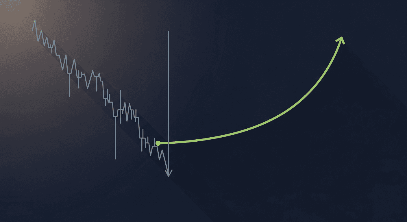 Illustrated chart showing crypto price decline with upward yield arrows overlaid, dark navy background with green accent colors