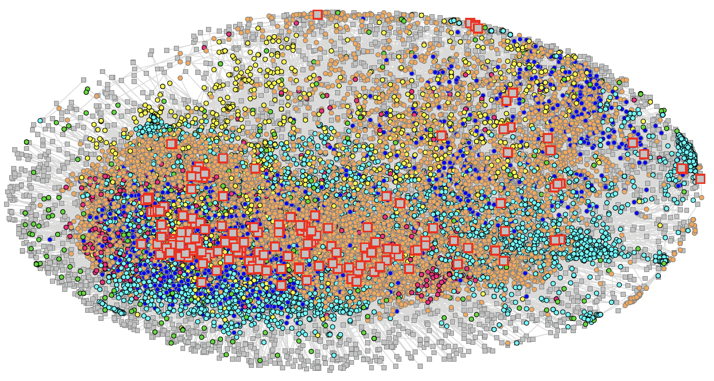 University Network (Weeden & Cornwell, 2020). Light gray squares represent courses, and larger gray squares with red borders indicate courses with 100 students or more enrolled. The small colored circles represent students and their majors: yellow: humanities, arts, and design; dark blue: social sciences; orange: STEM; red: multidisciplinary/mixed; green: undeclared; light blue: business and law. Students’ enrollment in particular courses is indicated with light gray lines.