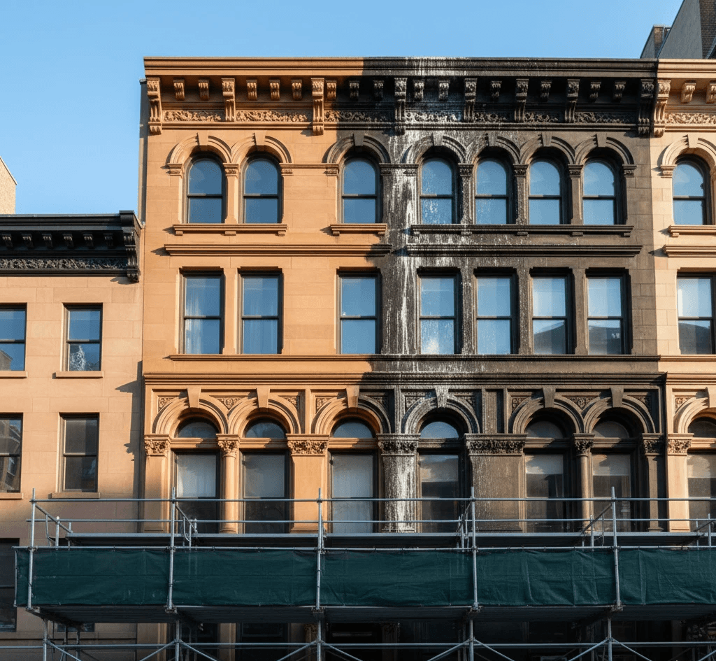 historic building face, one side is clean other is weathered
