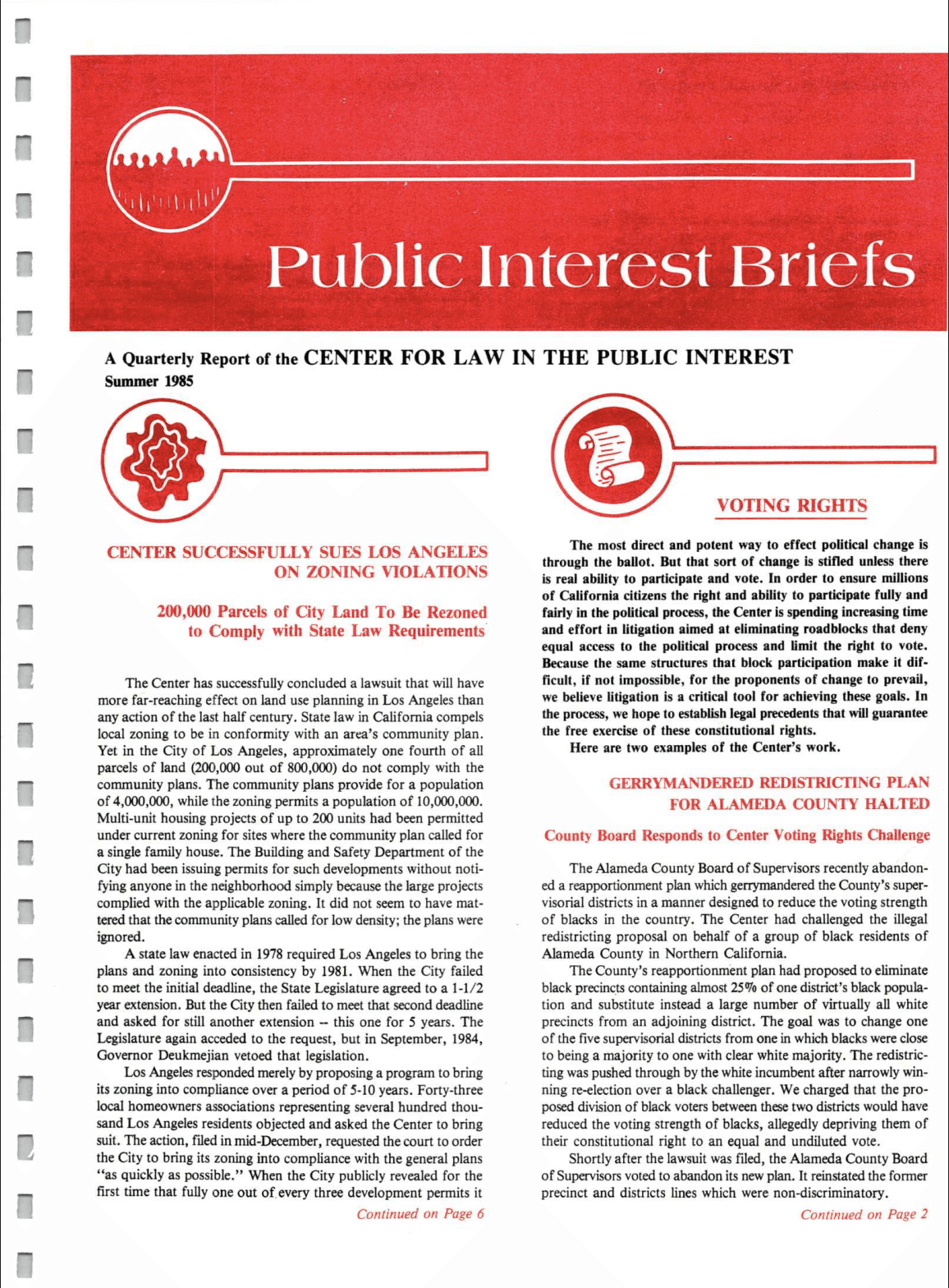 Cover of Center for Law In The Public Interest's Quarterly Report, Summer 1985 Edition Public Interest Briefs