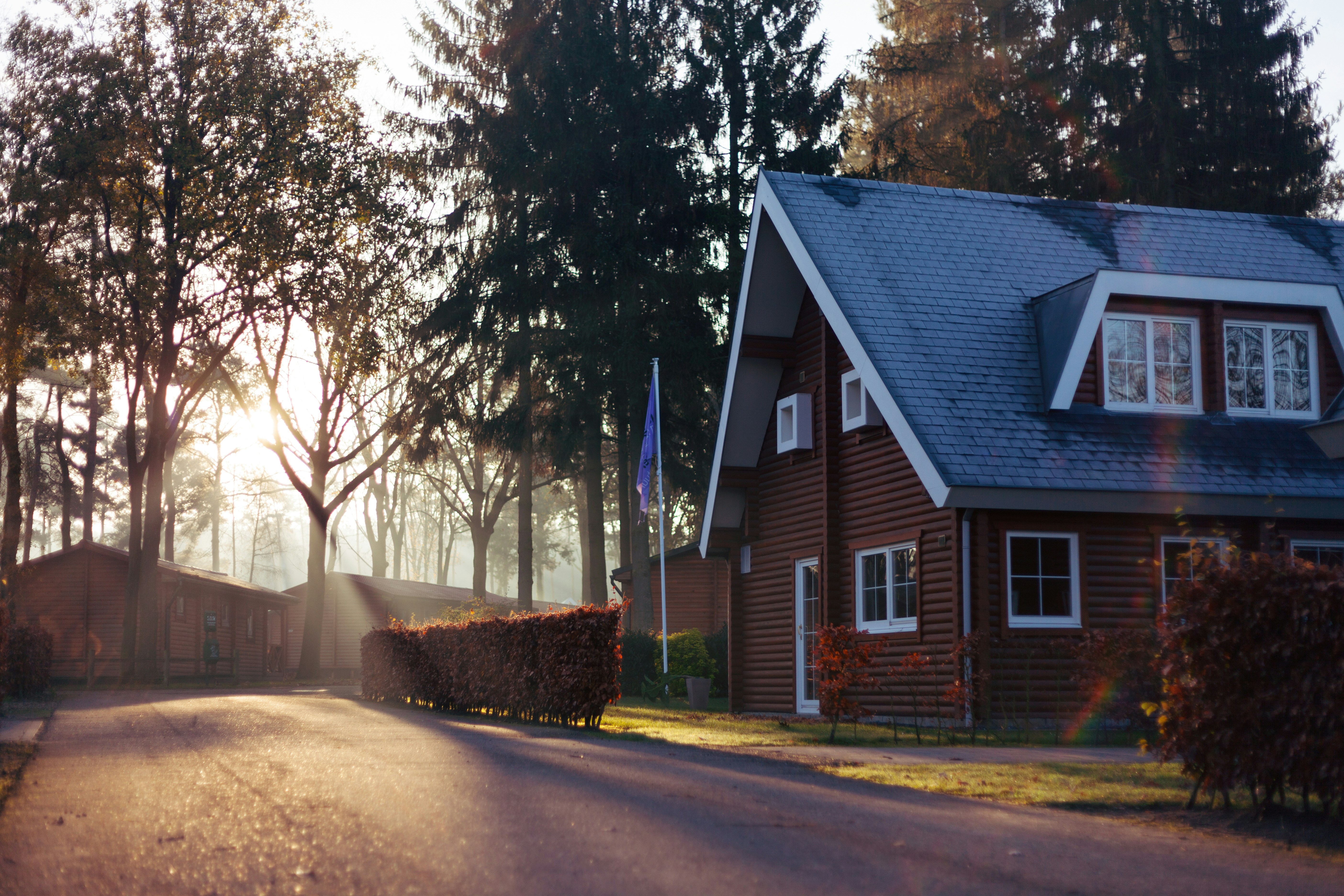 Cozy house in a wooded area at sunrise, representing peaceful real estate living.