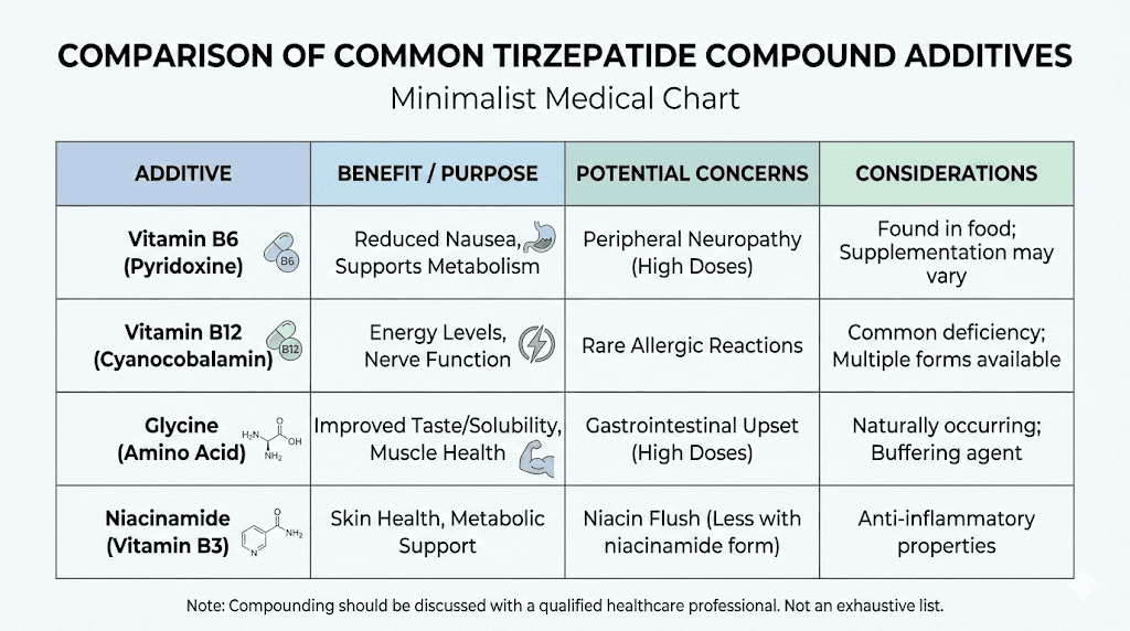 Tirzepatide compound additives comparison chart B6 B12 glycine