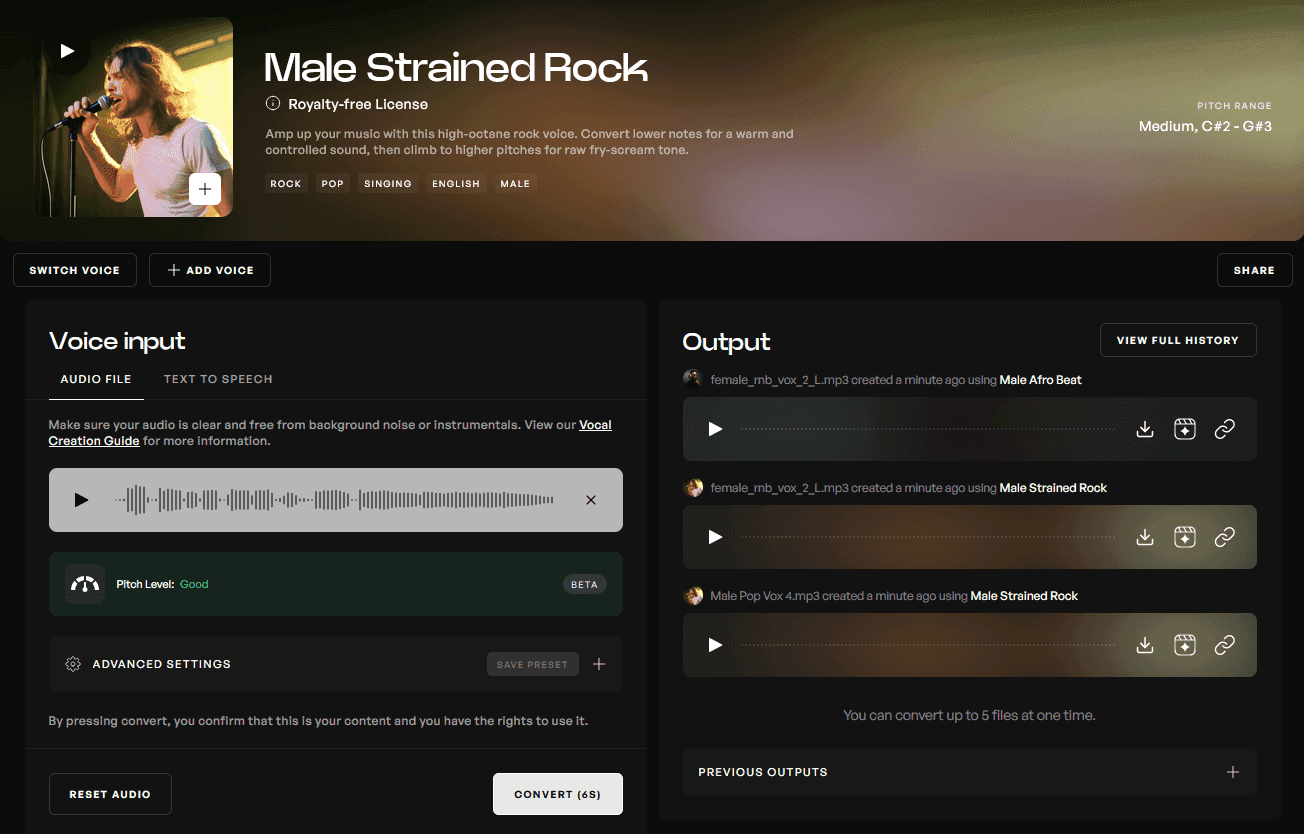 Kits AI Convert page with the Male Strained Rock voice model selected