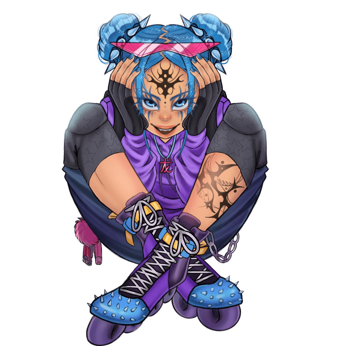 Illustration of young girl with blue hair sititng criss cross wearing blue rollerskates with a white background