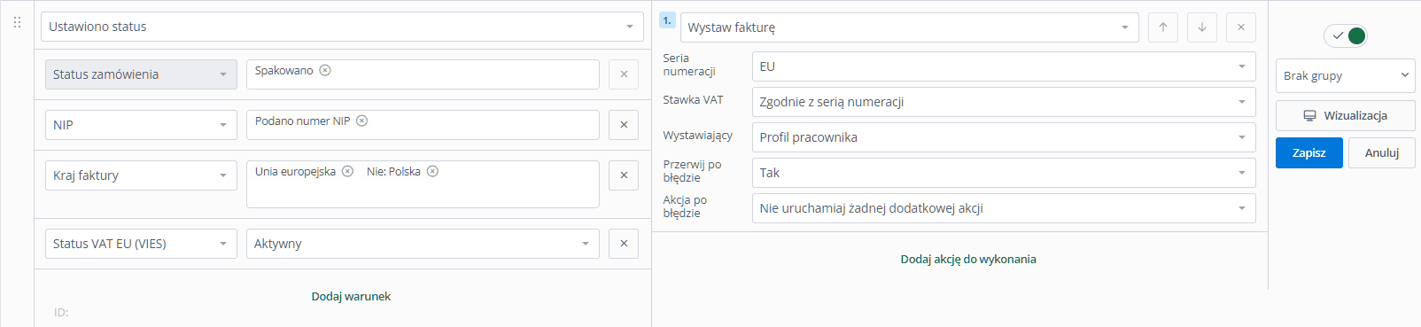 Automatyczna akcja w Base.com wystawiająca fakturę dla klienta z aktywnym statusem VAT UE w VIES