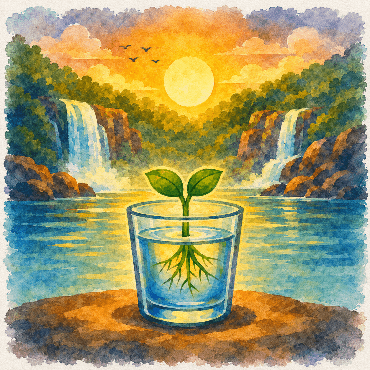 Small plant cutting in glass of water with background of lake and waterfalls