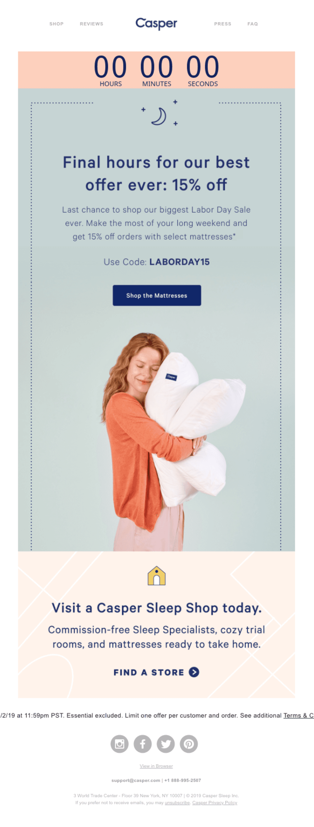 Casper Countdown Email: "Casper email promoting a 15% Labor Day sale with a countdown timer and a call-to-action button 'Shop the Mattresses.'"