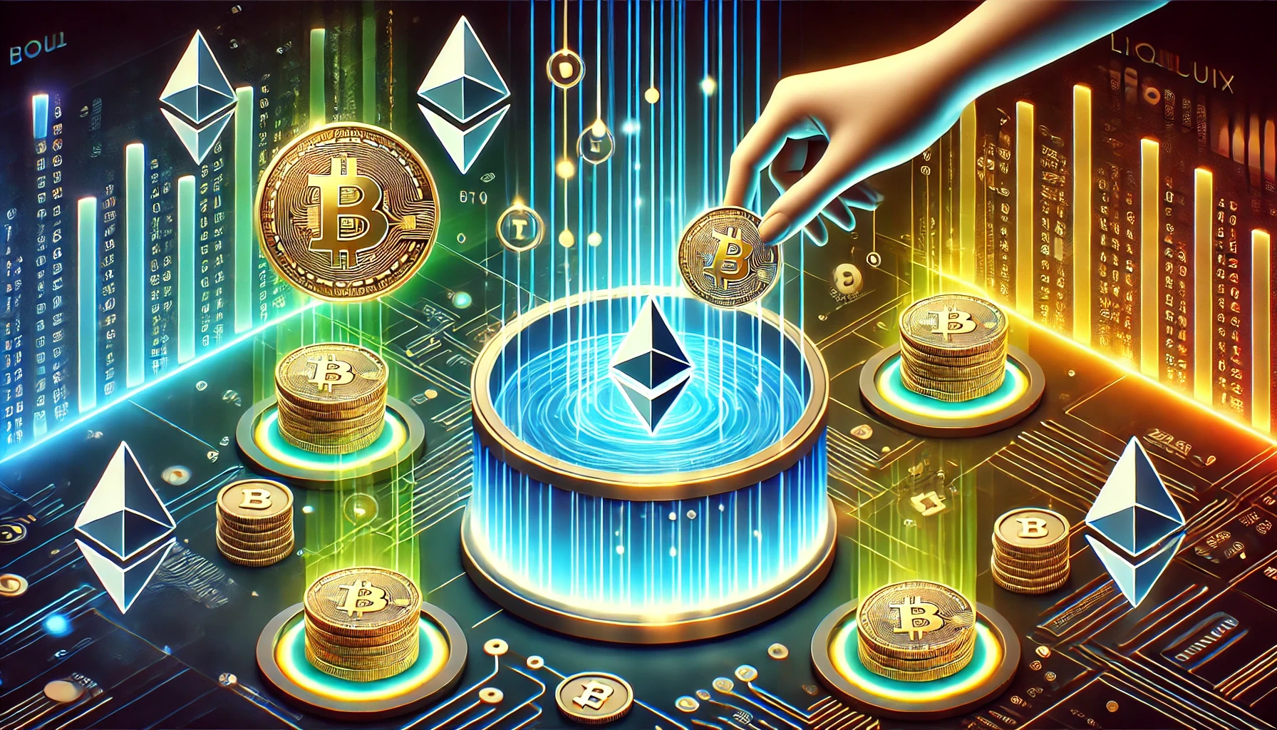 Crypto-themed image featuring charts, digital coins, and market trends, representing cryptocurrency trading and blockchain technology.