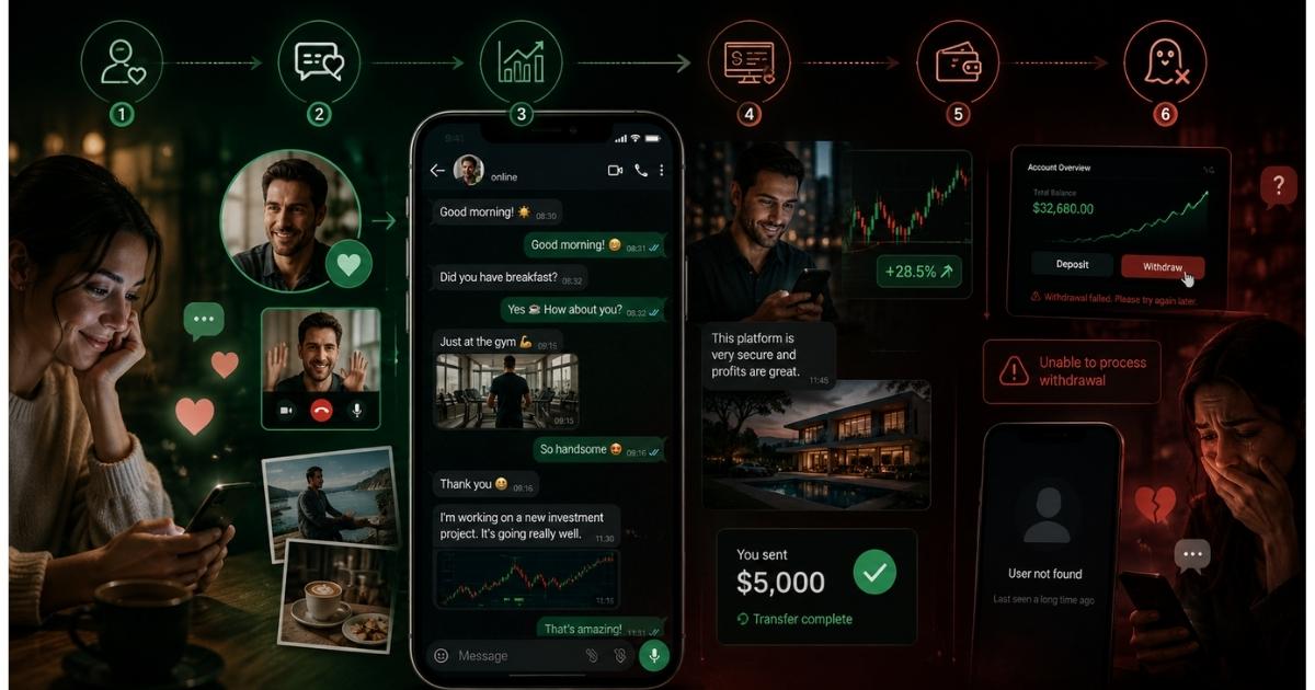 Illustration showing the progression of a romance investment scam. A woman builds an online relationship through messaging, video calls, and daily conversations before being introduced to investment opportunities. The scene transitions from warm green tones representing trust and emotional connection to darker red tones showing a fake investment platform, failed withdrawals, a disappeared contact, and financial loss, highlighting the six stages that lead victims from romance to fraud.