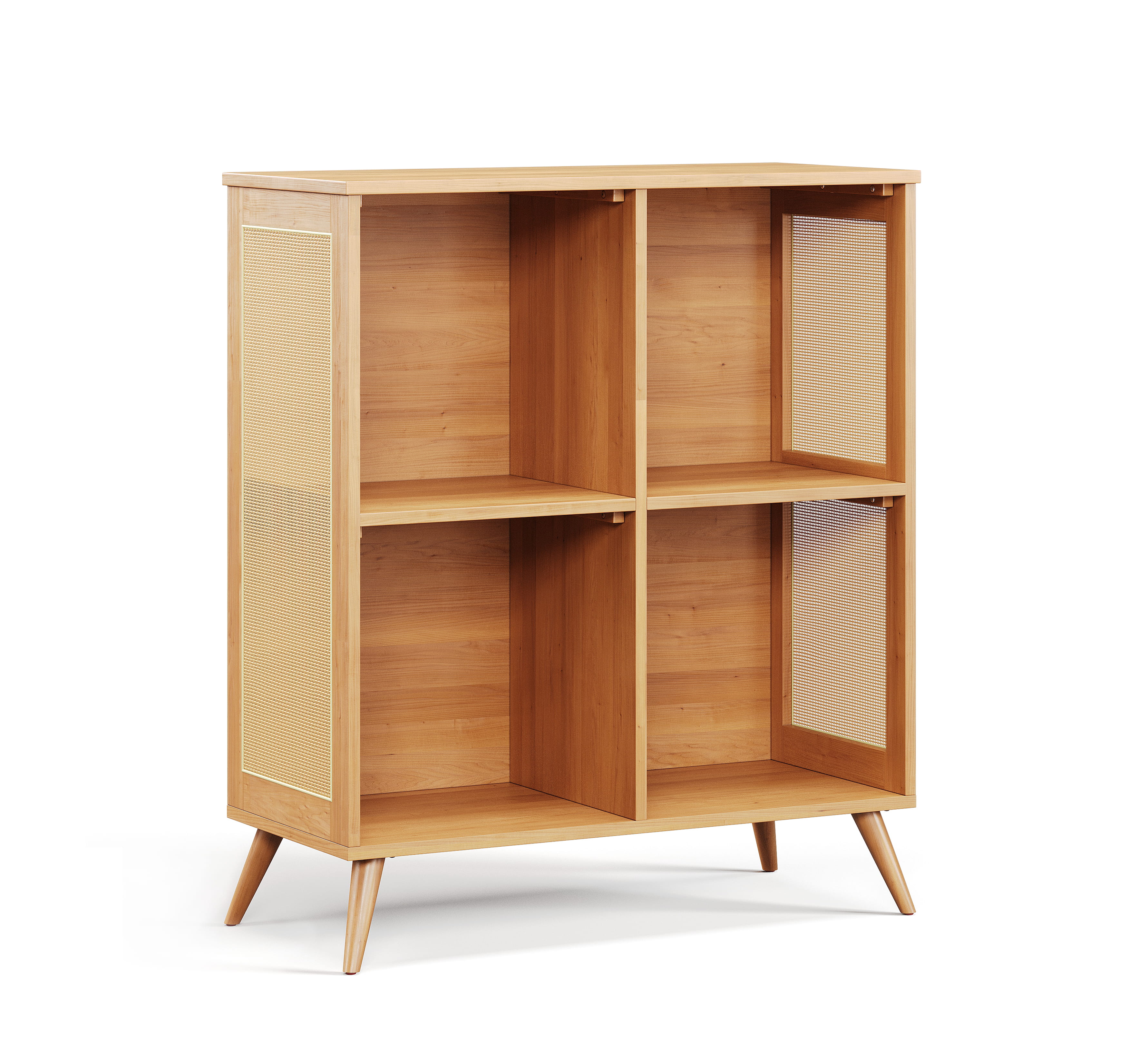 3D render of wooden display cabinet with rattan side panels and open shelving