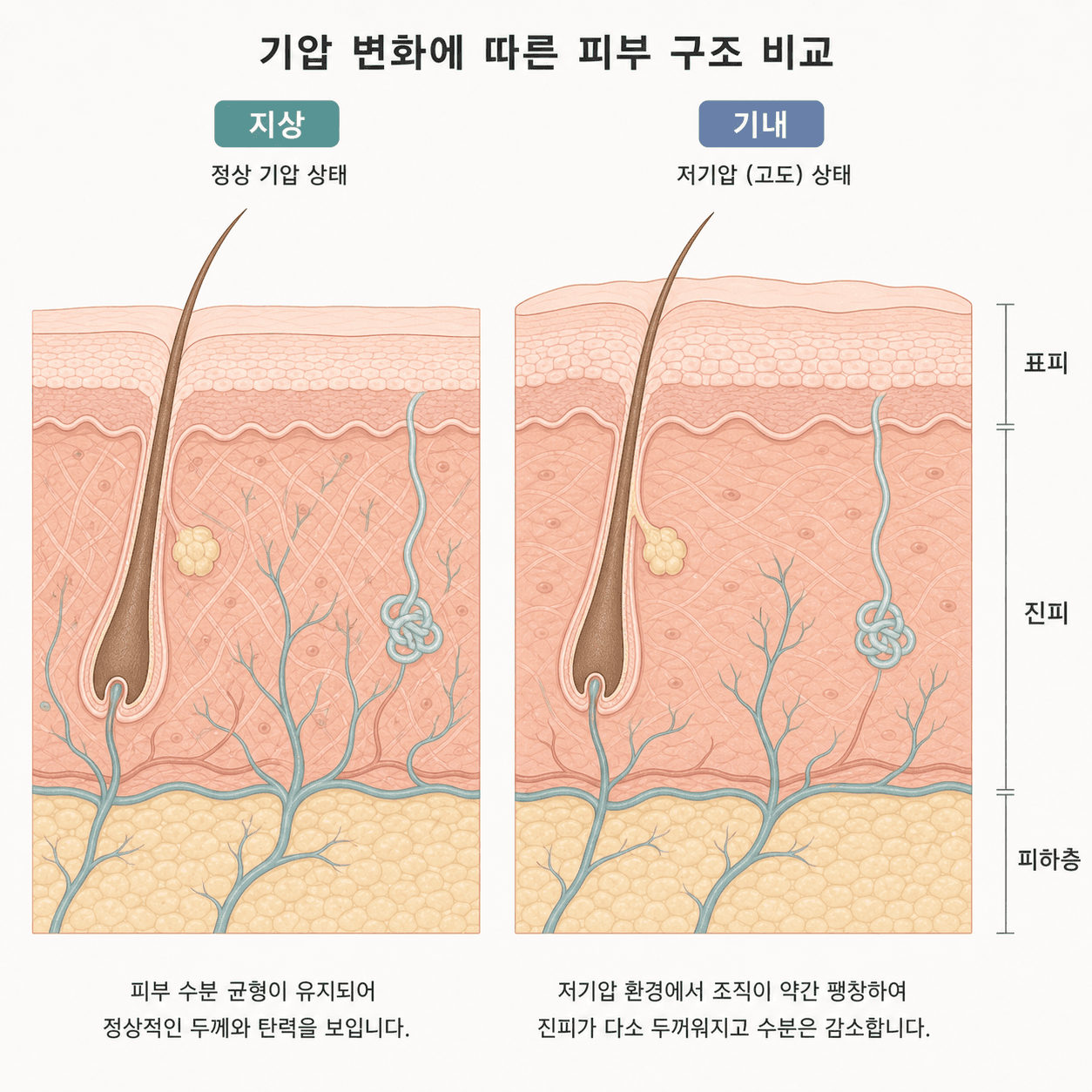 낮은 기압과 건조한 공기는 회복 중인 조직의 붓기와 수분 상태에 영향을 줄 수 있어요.