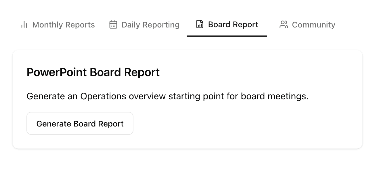 Alentis dashboard showing a 'Generate Board Report' button