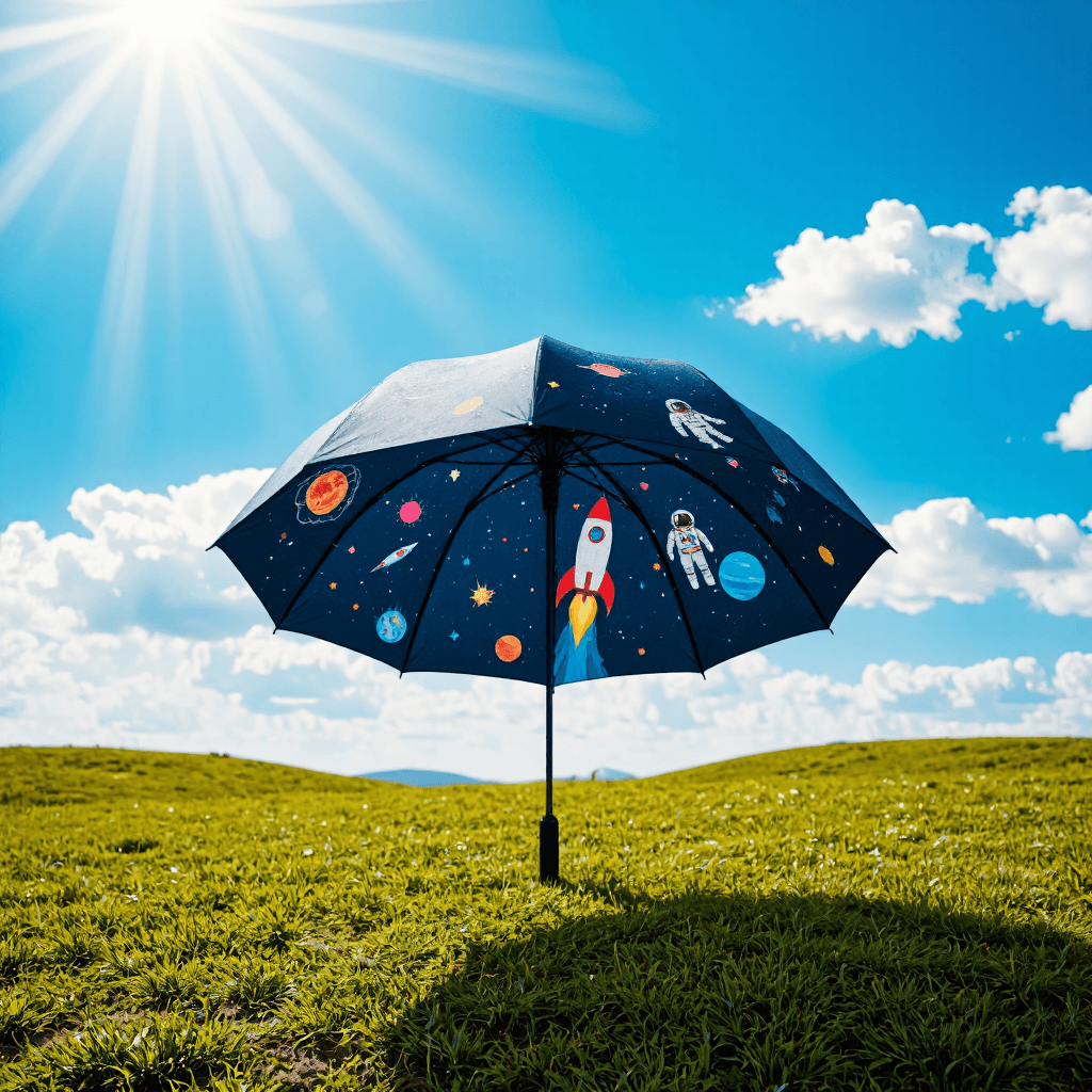 product photography of a patterned umbrella with space-themed designs