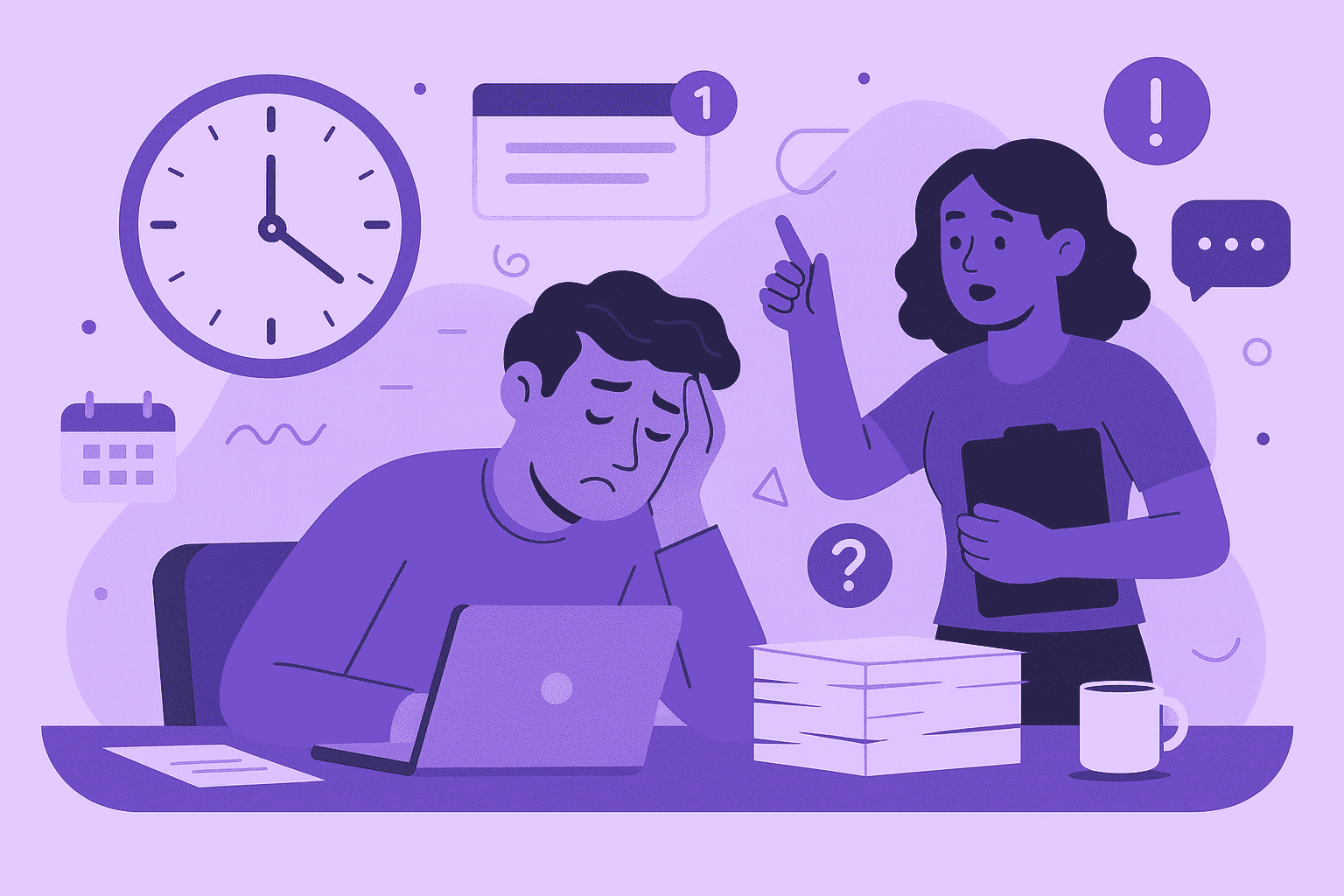 Flat-style illustration showing an office worker overwhelmed by notifications and distractions, symbolizing common workplace time wasters and their impact on focus and productivity.