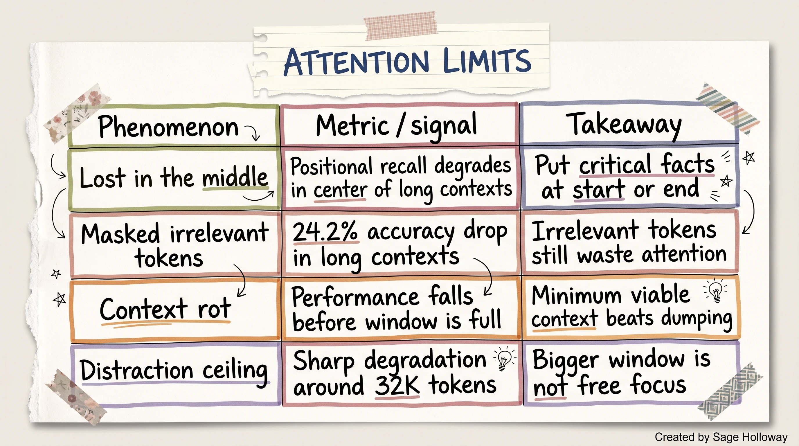 Table of LLM attention limits including lost in the middle, context rot, and distraction ceiling metrics