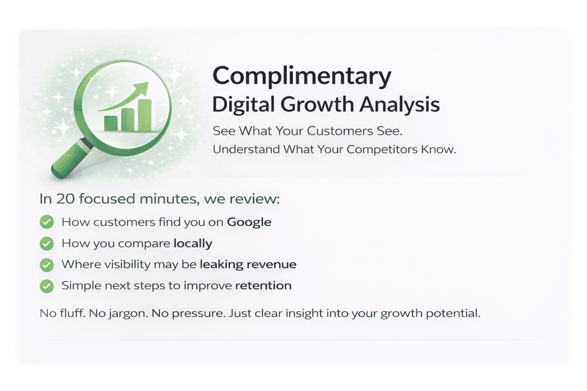 Clean promotional web card featuring a green magnifying glass with upward growth chart icon alongside text promoting a complimentary 20-minute digital growth analysis, highlighting Google visibility, local comparison insights, and practical next steps.