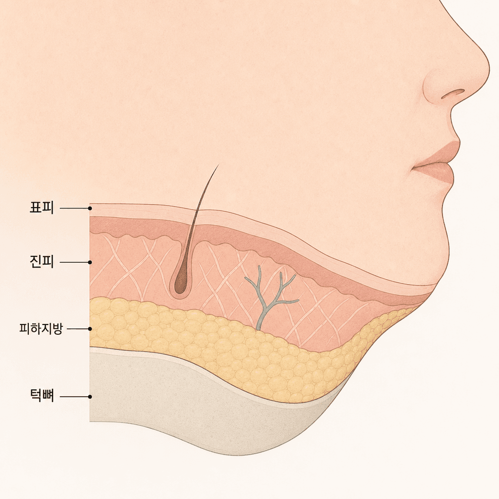 턱선 아래 피부와 피하지방, 턱뼈가 이루는 층