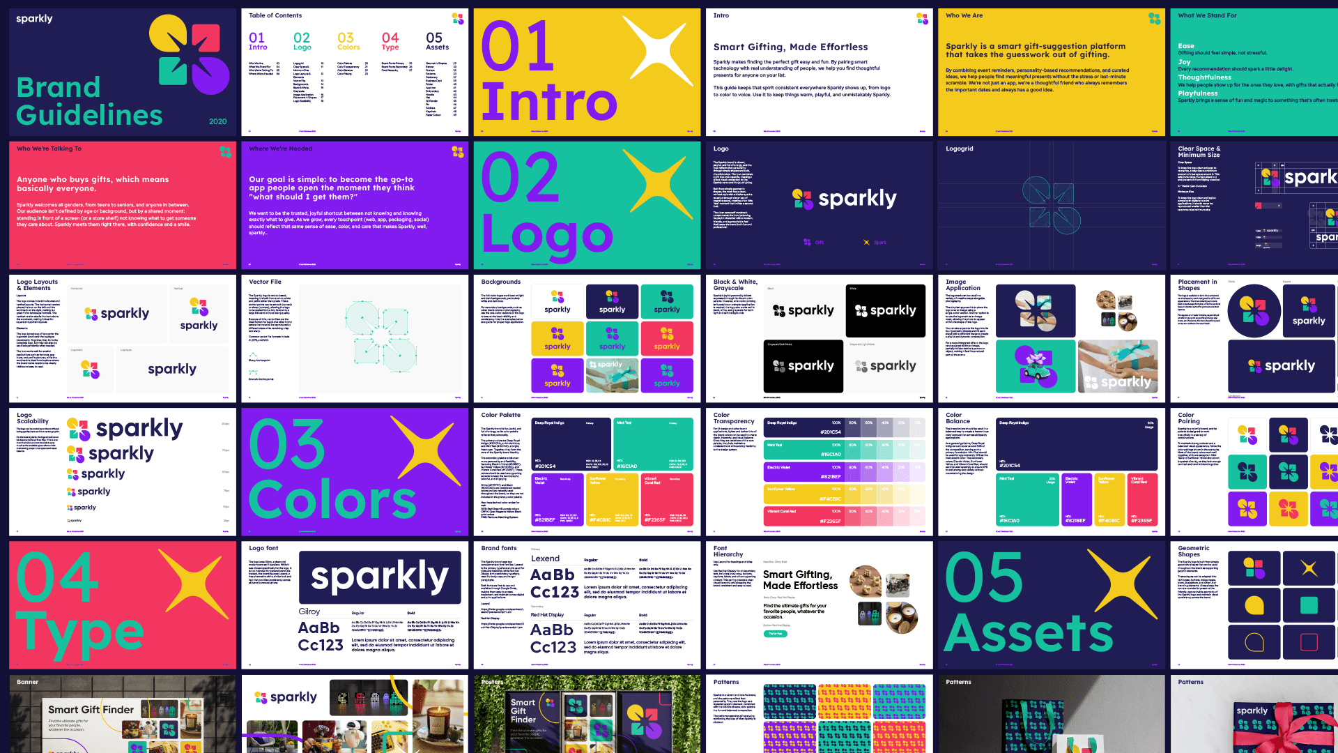 Sparkly brand guidelines pages in a grid, covering intro, logo, colors, type, and assets
