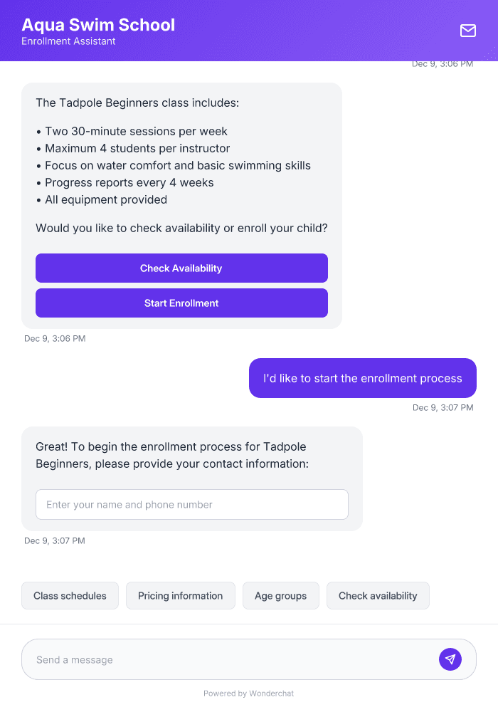 Swimming Lesson WhatsApp Agent for 24/7 Enrollment