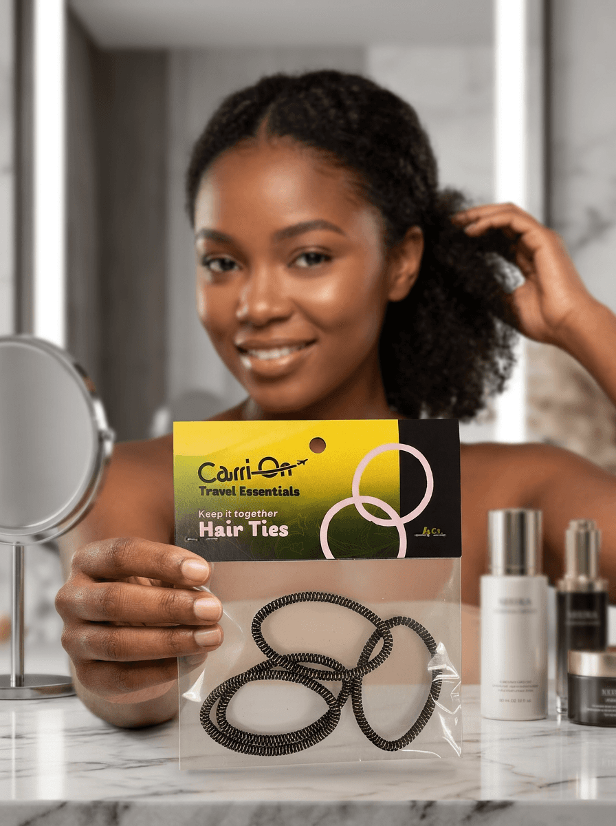 A woman holding the header bag containing hair ties in one hand, holding a ponytail held with one of the hair ties in the left hand in a bathroom setting.
