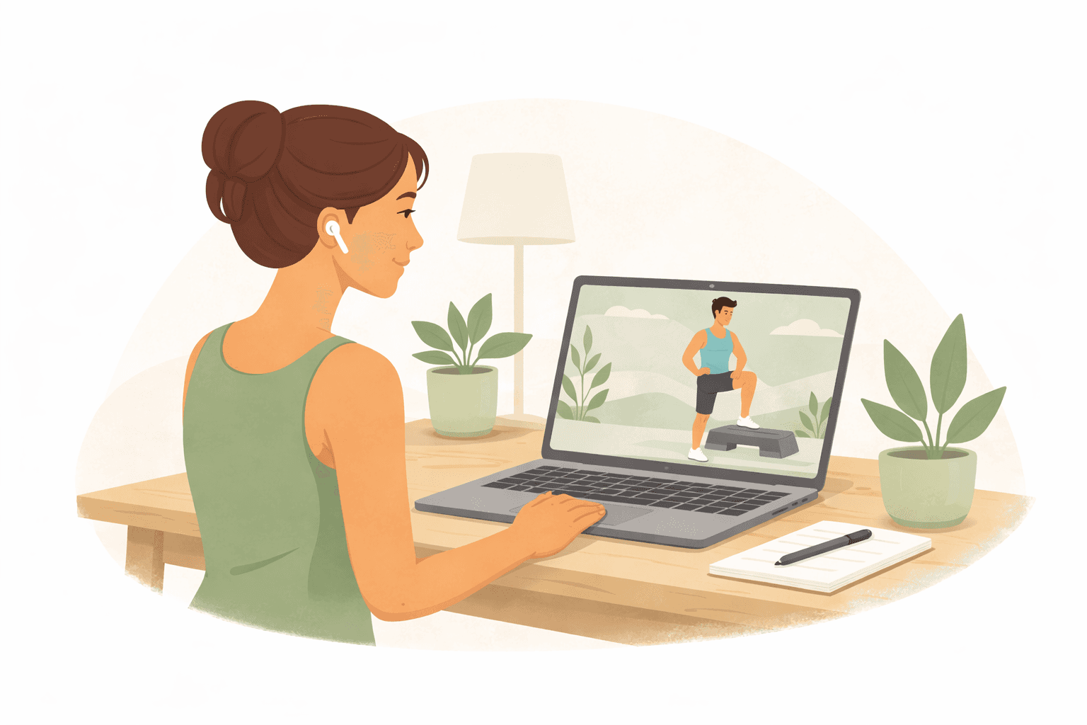 A woman sits at a desk, watching a workout video on her laptop surrounded by indoor plants.