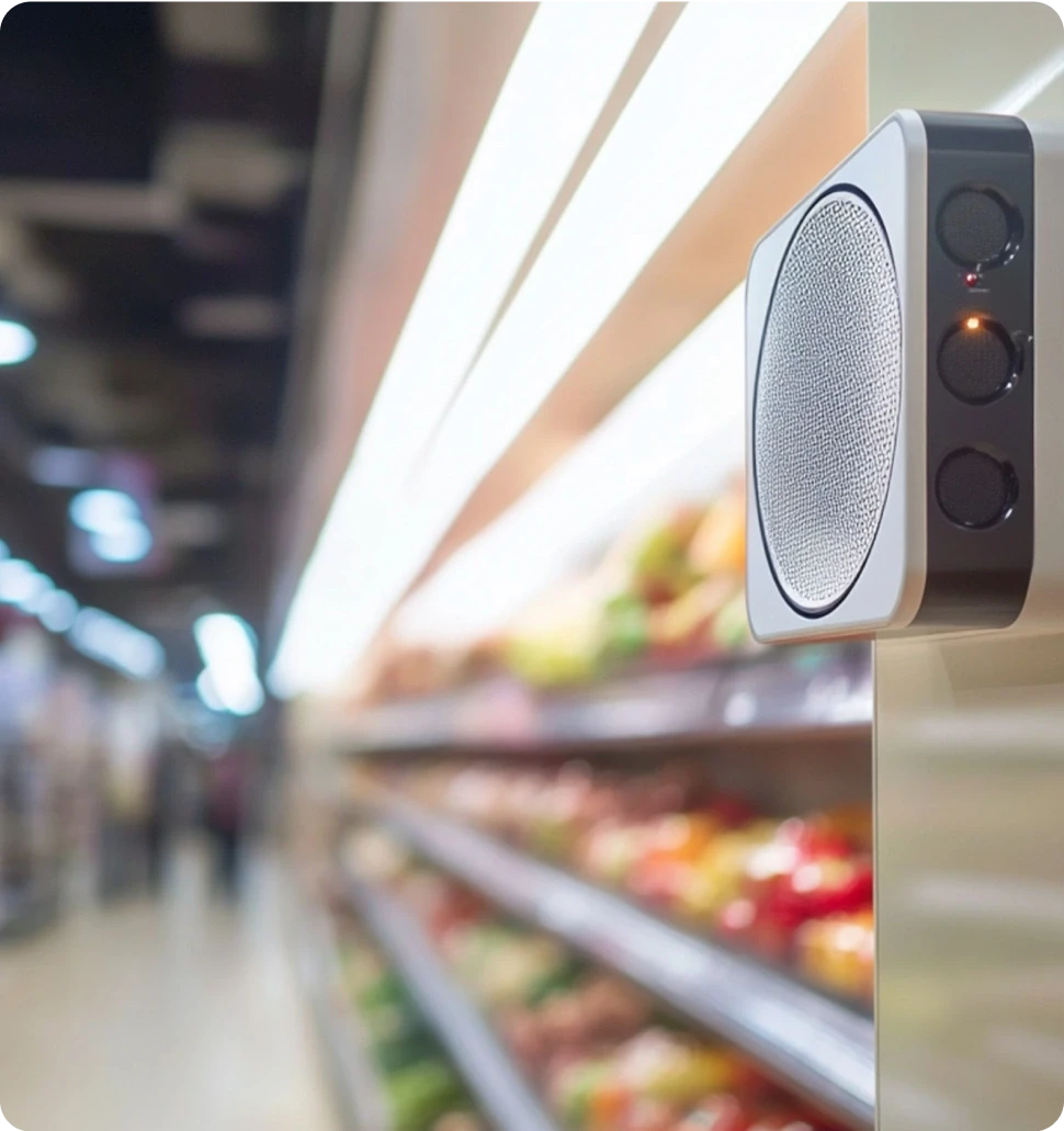 A dark cylindrical object on a wooden bar, with softly glowing lights in the blurred background.