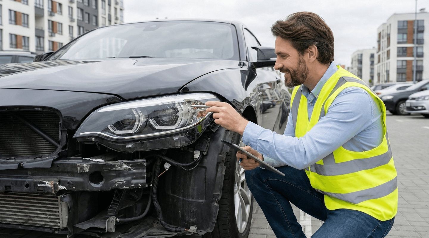 Zertifizierter KFZ-Gutachter von UnfallCheck Nord bei der professionellen Schadensaufnahme an einem Unfallfahrzeug.