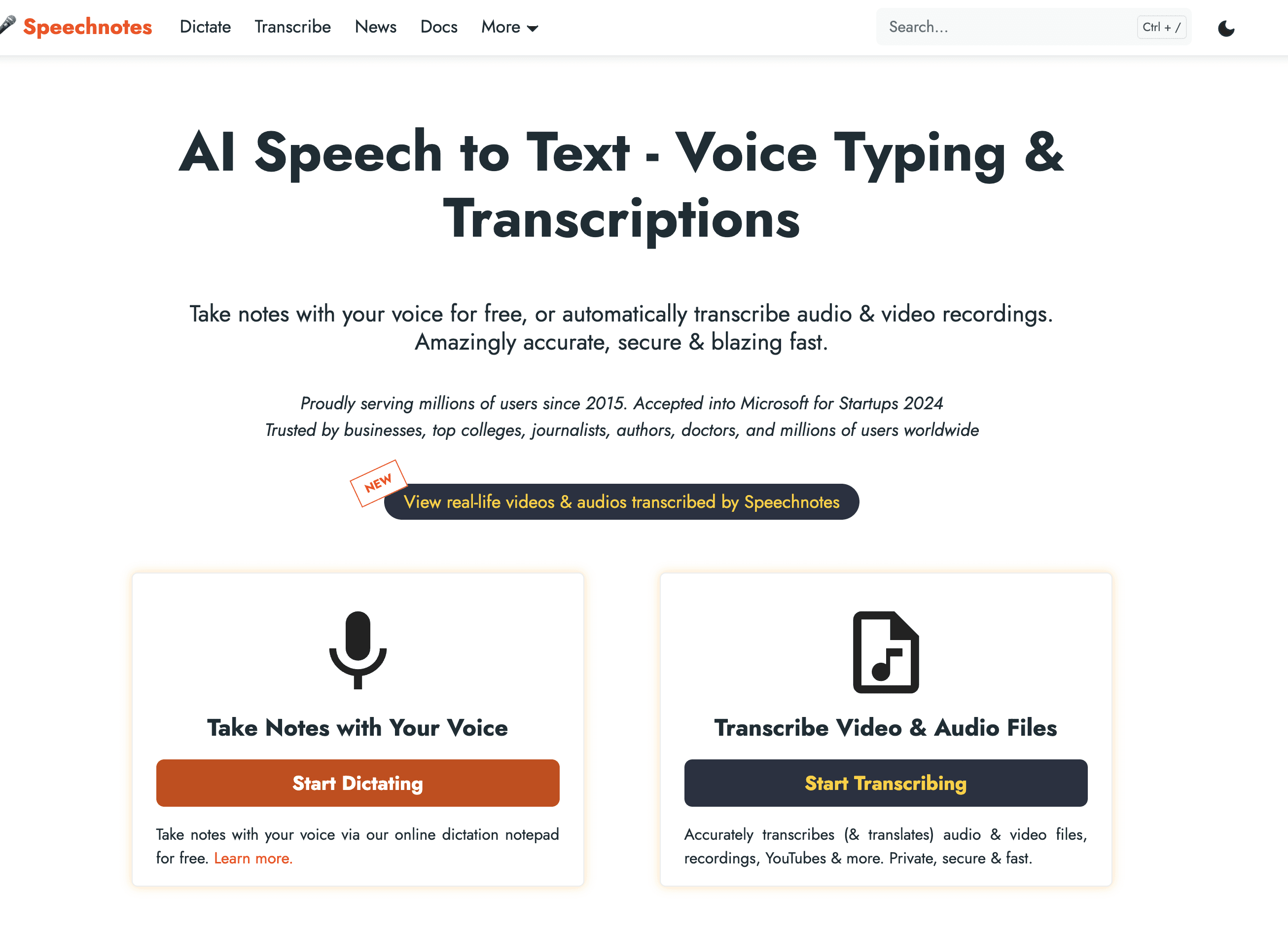 Speechnotes AI transcription homepage screenshot