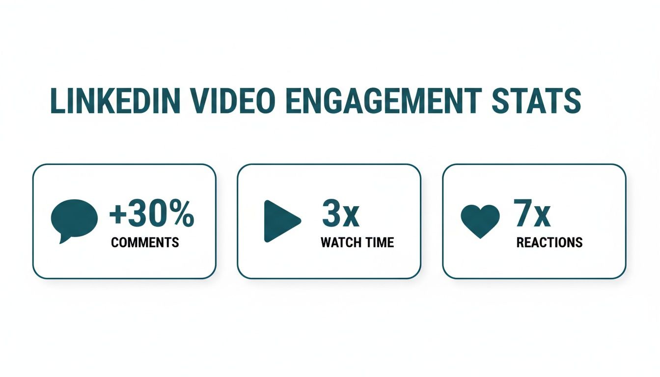 LinkedIn video engagement stats showing +30% comments, 3x watch time, and 7x reactions.