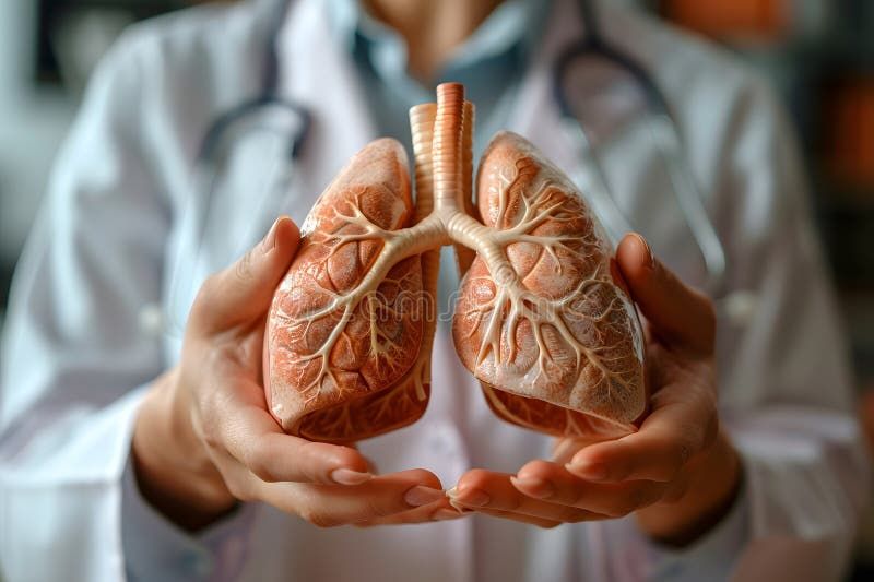 A doctor holding a model of human lungs, highlighting the bronchioles and alveoli, vital for respiratory function.