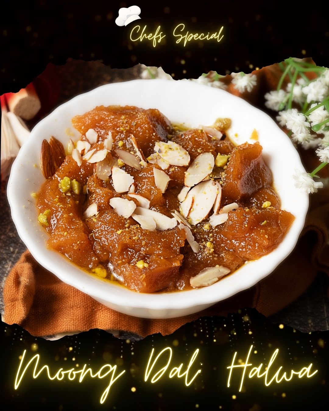 Traditional Moong Dal Halwa dessert garnished with almonds — Ustaad G76 BC