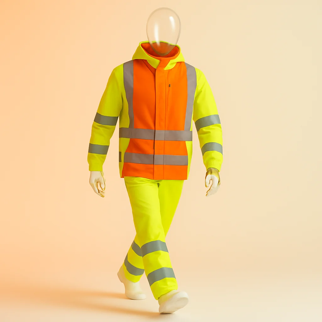 hivis woven workwear, a mannequin wearing a hivis yellow orange safety zipper hoodie and pants with reflectors