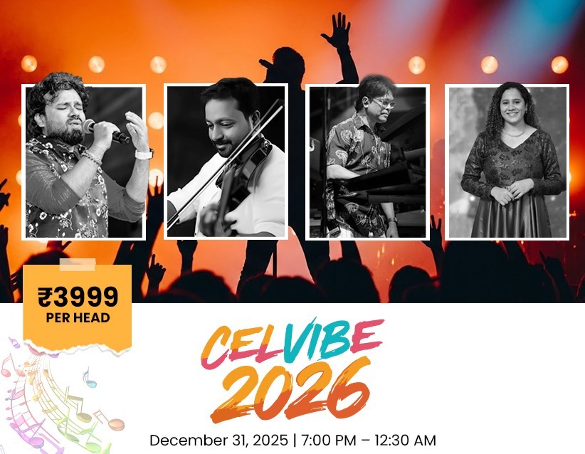 “CELEVIBE 2026 New Year’s Eve Celebration poster at Au Revoir Wellness Resort featuring Prakash Ulliyeri and team, event date December 31, 2025, dinner buffet, live music, family games, lucky draw, kids activities, firecracker display, and ₹3999 per head entry