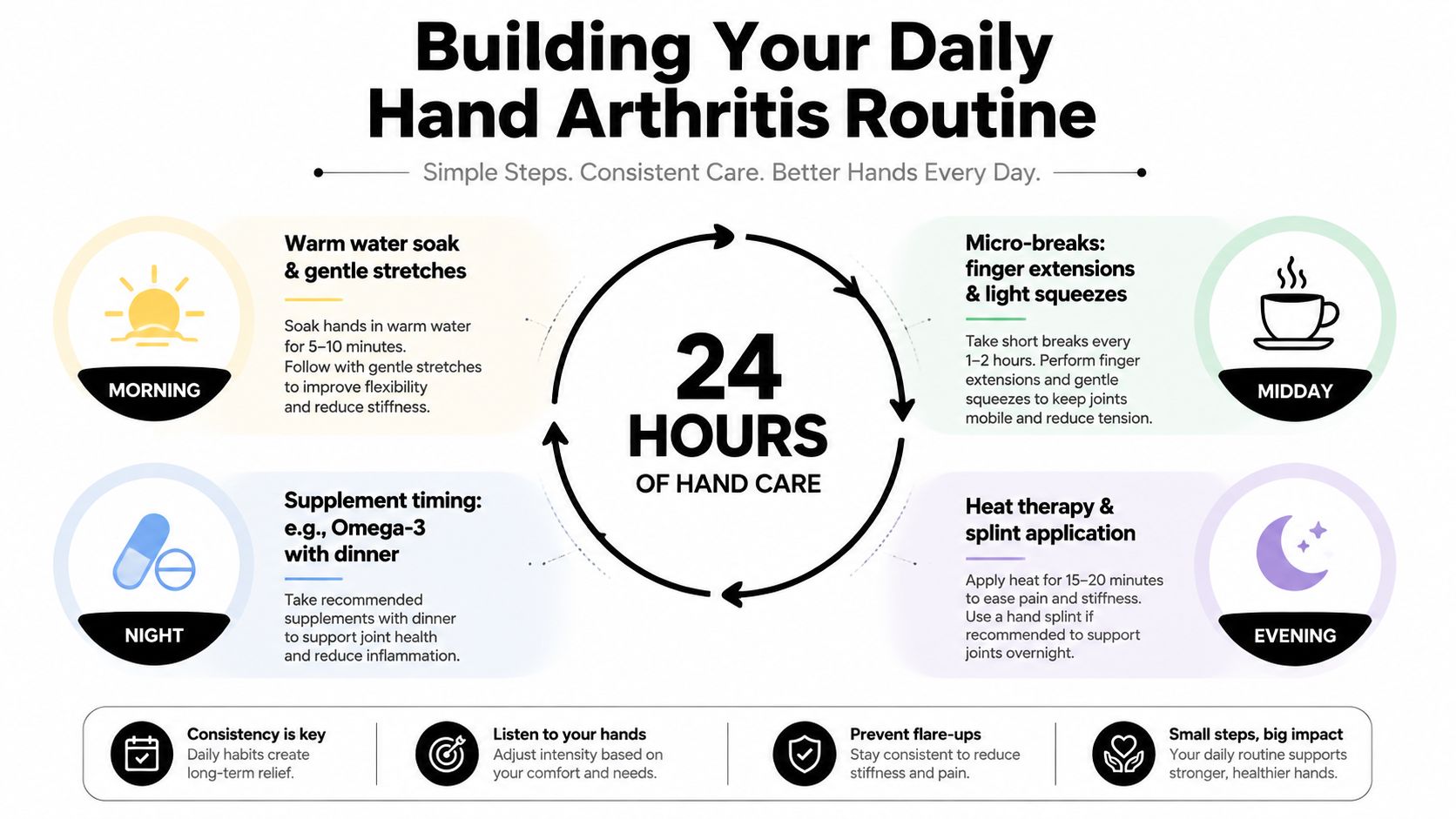 An infographic titled Building Your Daily Hand Arthritis Routine showing simple steps for managing hand pain throughout the day.