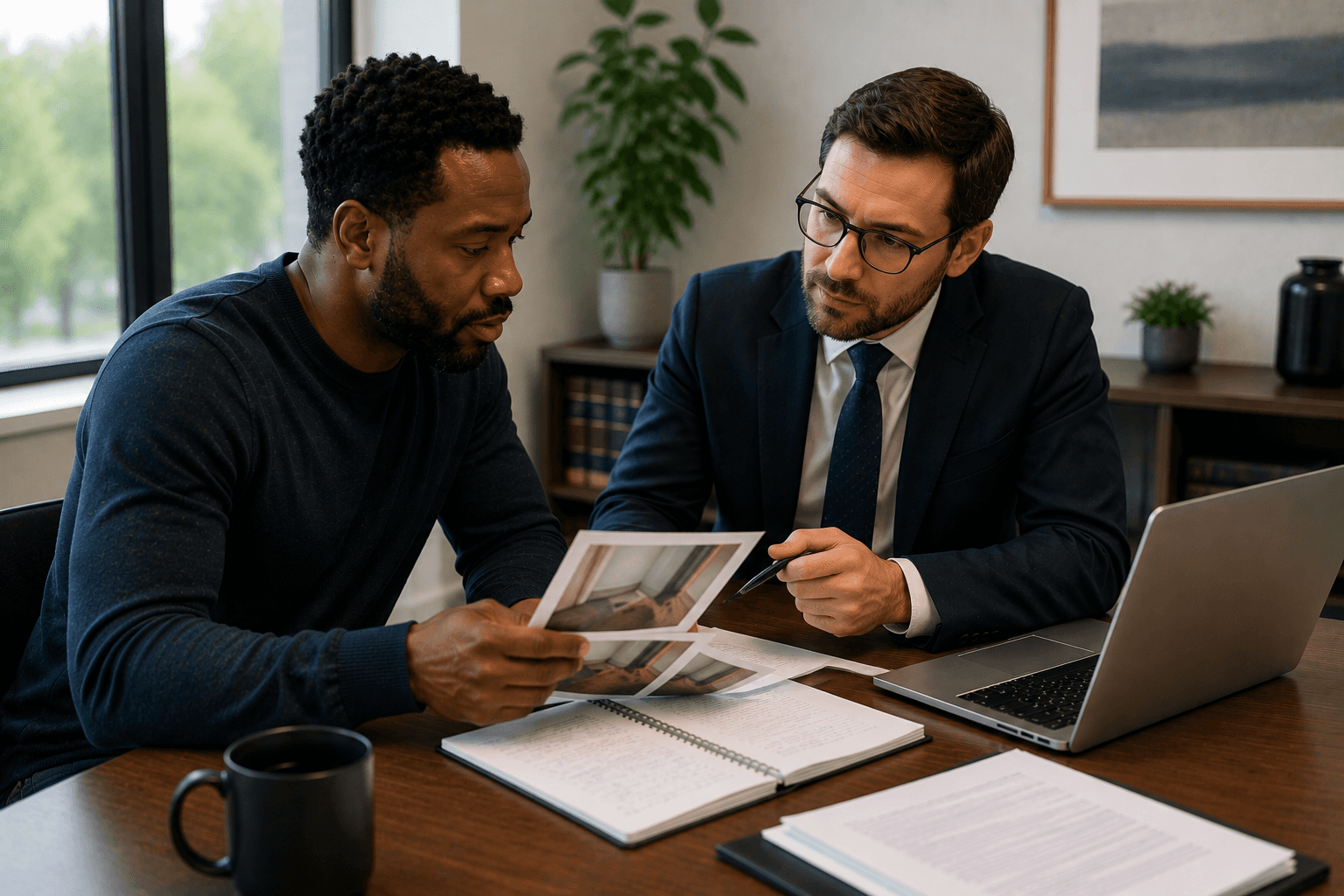 Paralegal reviewing photographs and evidence with a tenant during a landlord and tenant dispute consultation in Ontario.