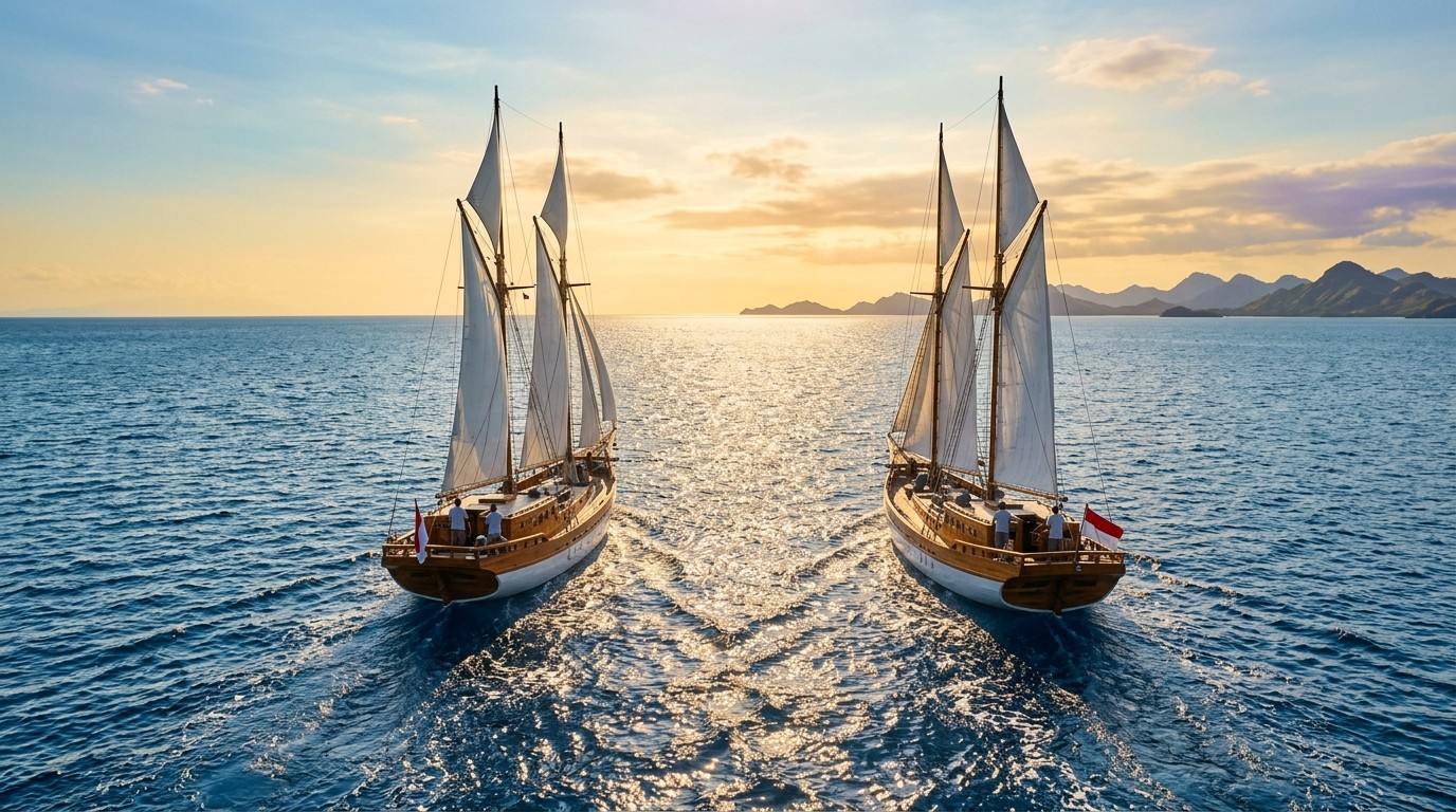 Two sailboats crossing open water at golden hour